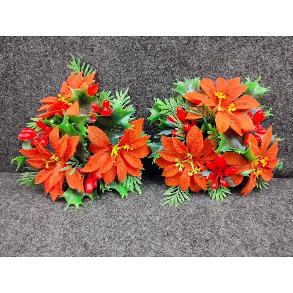 2 Vintage Plastic Flowers Christmas Candle Wreath Poinsettias Holly Berries